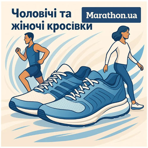 Чоловічі та жіночі кросівки на динамічному фоні з силуетами бігуна та ходока та логотипом Marathon.ua