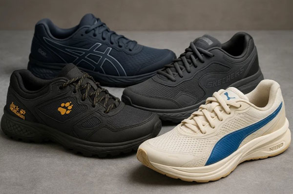 Чотири пари чоловічих і жіночих кросівок від брендів Puma, Skechers, Jack Wolfskin та Asics, розміщені на сірій поверхні для демонстрації дизайну та матеріалів.